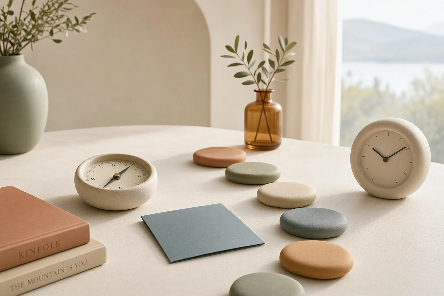 A calm tabletop arrangement with a compass, clock, note card, and colored stepping stones suggesting a clear care pathway