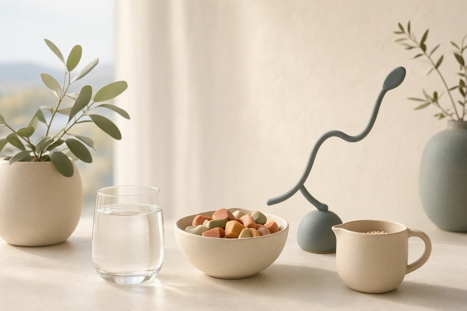 A sunlit still life with a glass, ceramic bowl, leafy plant, and abstract growth sculpture