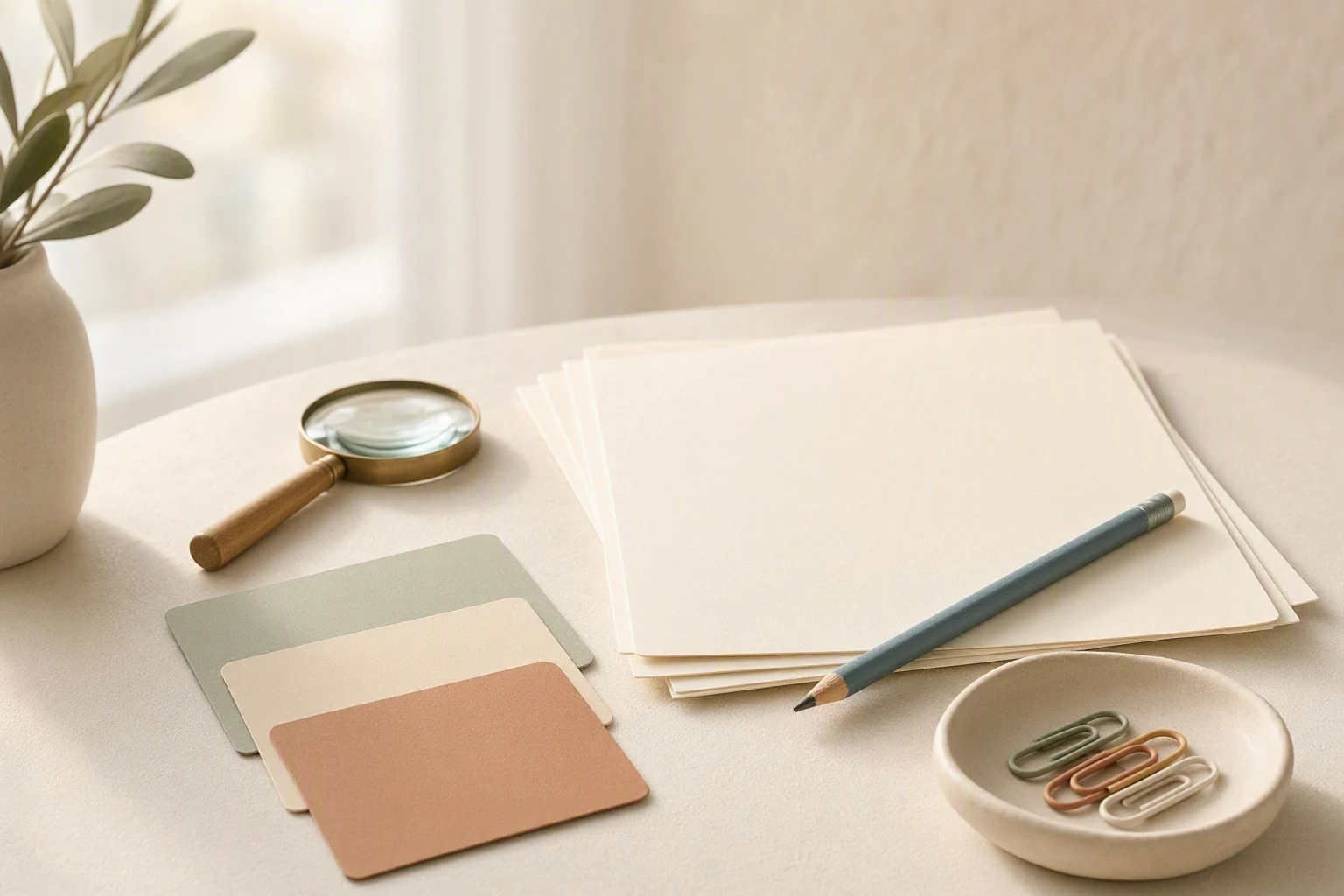 Blank worksheets, a pencil, colored cards, and a magnifying glass arranged on a softly lit desk.